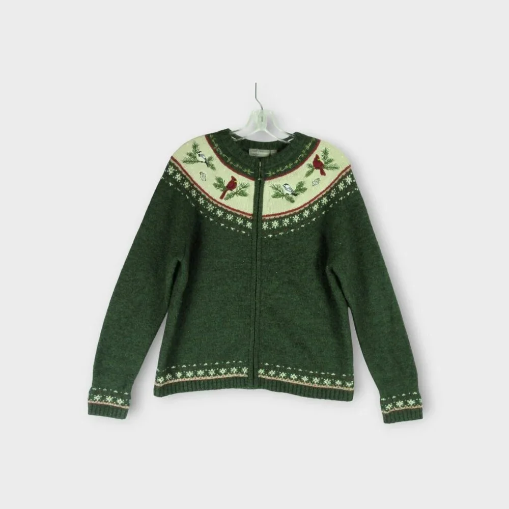 Croft and Borrow Silk Blend Women's Zip Up Sweater Size M Fair Isle Cardinal